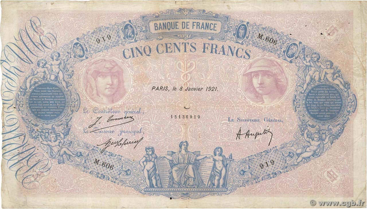 500 Francs BLEU ET ROSE FRANKREICH  1921 F.30.25 SGE