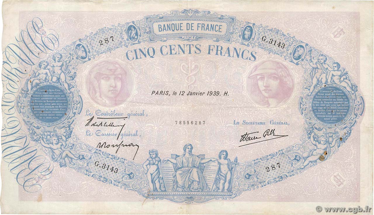 500 Francs BLEU ET ROSE modifié FRANKREICH  1939 F.31.22 fSS
