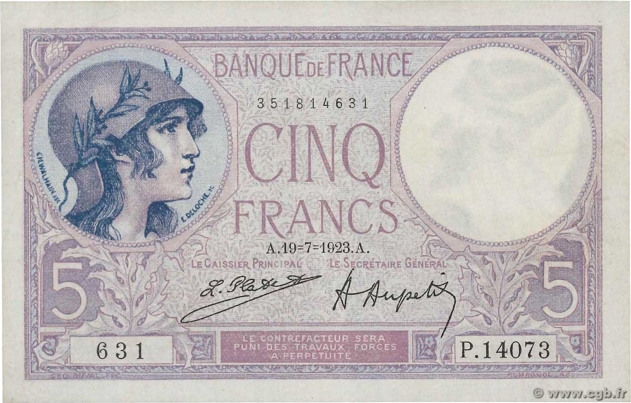 5 Francs FEMME CASQUÉE FRANCE  1923 F.03.07 XF