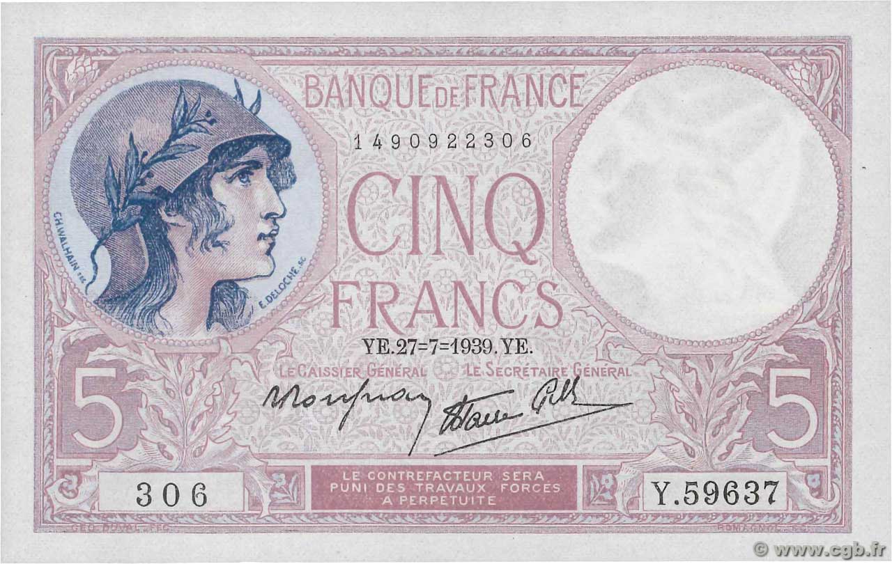 5 Francs FEMME CASQUÉE modifié FRANCE  1939 F.04.03 NEUF