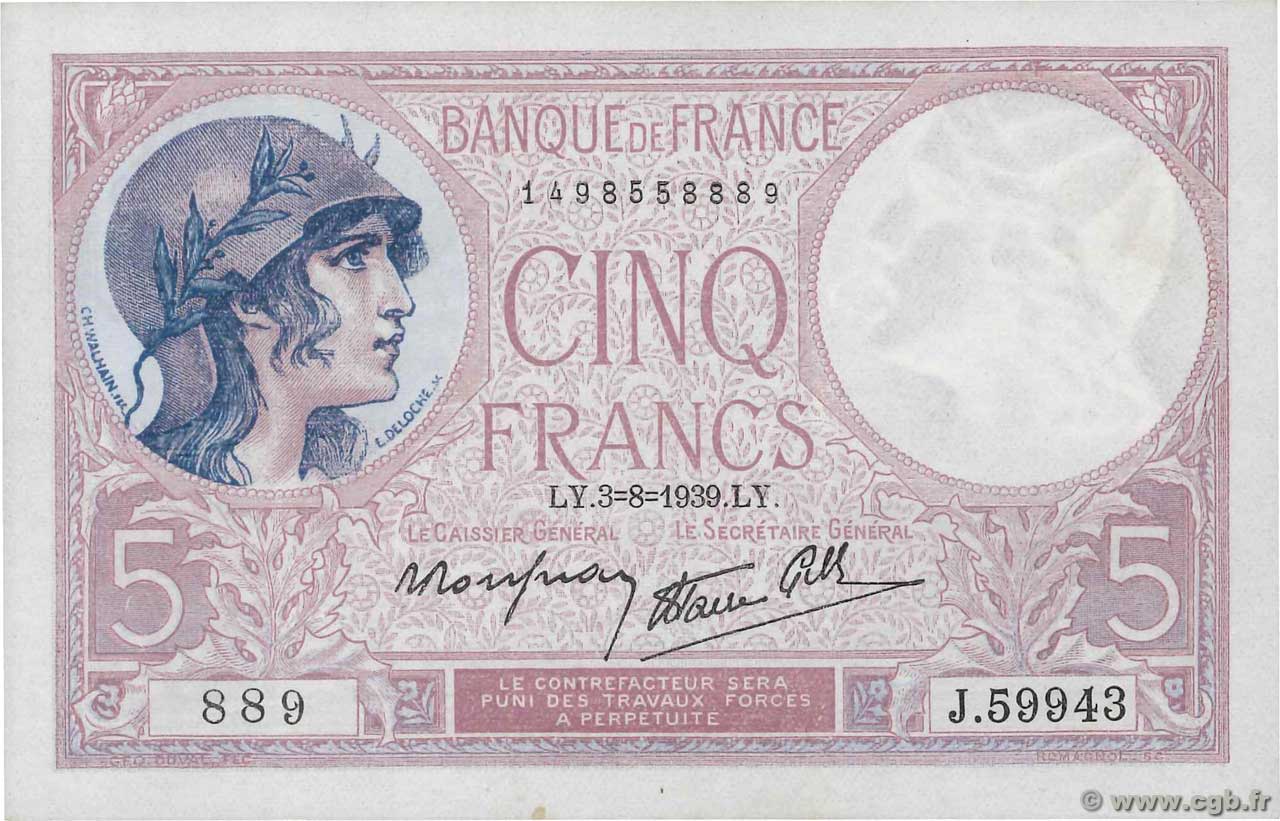 5 Francs FEMME CASQUÉE modifié FRANCE  1939 F.04.04 XF