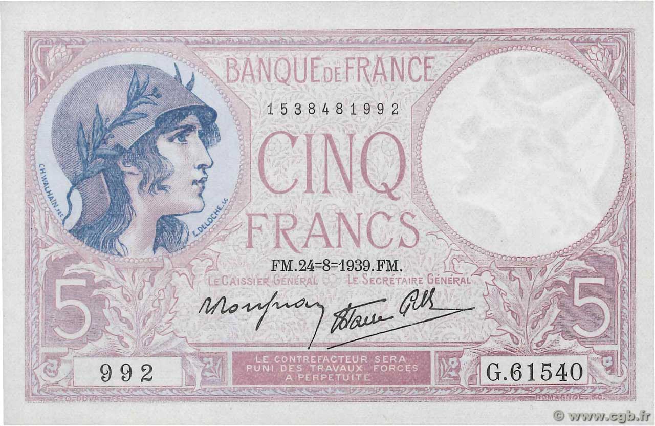 5 Francs FEMME CASQUÉE modifié FRANCIA  1939 F.04.07 FDC