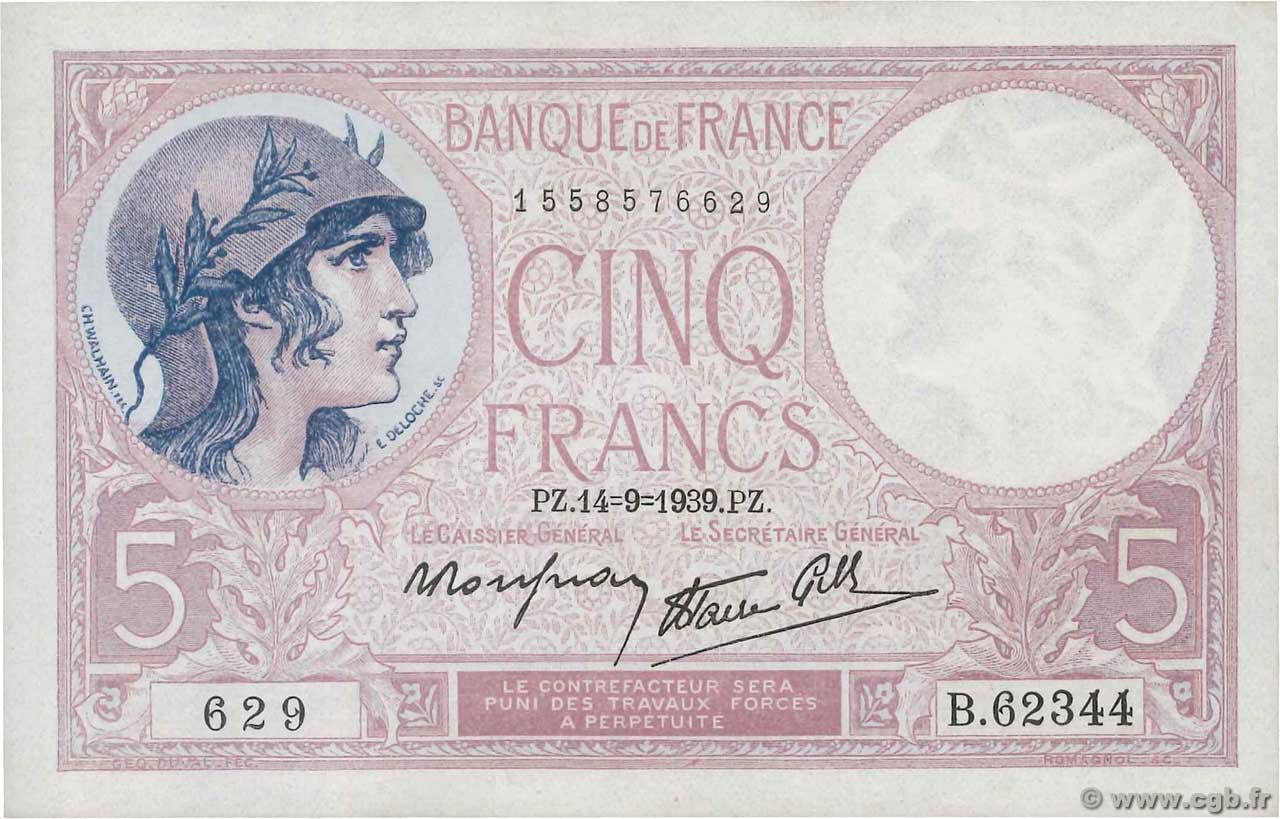 5 Francs FEMME CASQUÉE modifié FRANCE  1939 F.04.08 NEUF