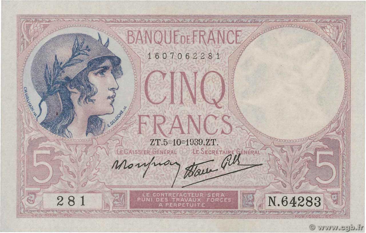 5 Francs FEMME CASQUÉE modifié FRANCE  1939 F.04.11 UNC