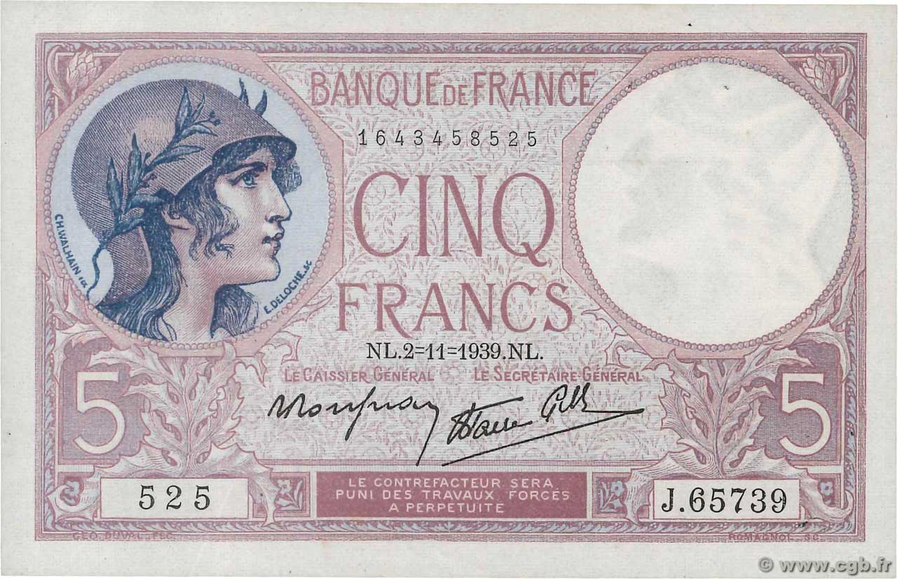 5 Francs FEMME CASQUÉE modifié FRANCIA  1939 F.04.14 SPL
