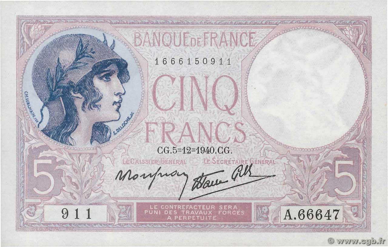 5 Francs FEMME CASQUÉE modifié FRANCE  1940 F.04.16 UNC