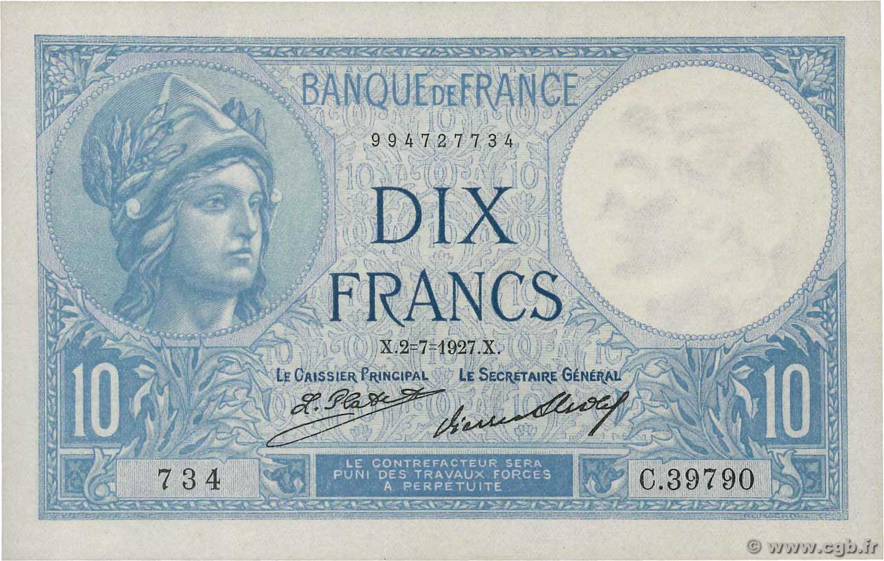 10 Francs MINERVE FRANKREICH  1927 F.06.12 fST