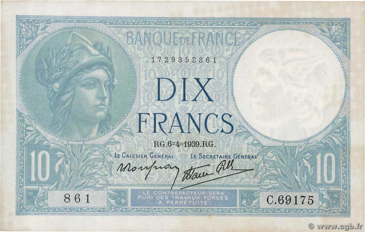 10 Francs MINERVE modifié FRANCE  1939 F.07.02 UNC-