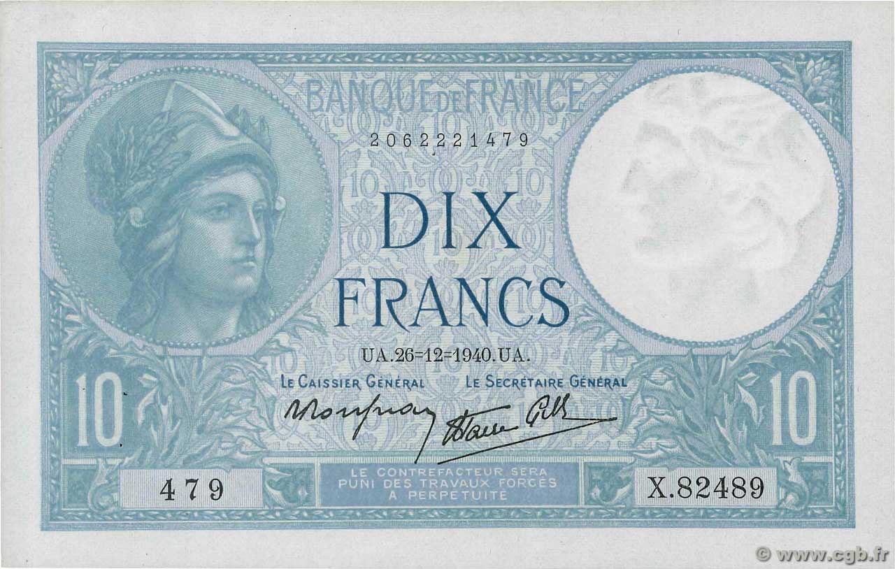 10 Francs MINERVE modifié FRANCE  1940 F.07.25 SPL