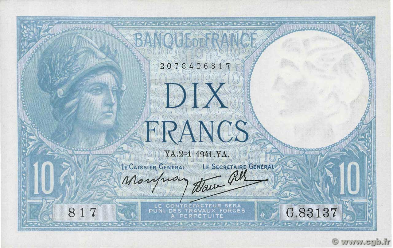 10 Francs MINERVE modifié FRANCE  1941 F.07.26 UNC-