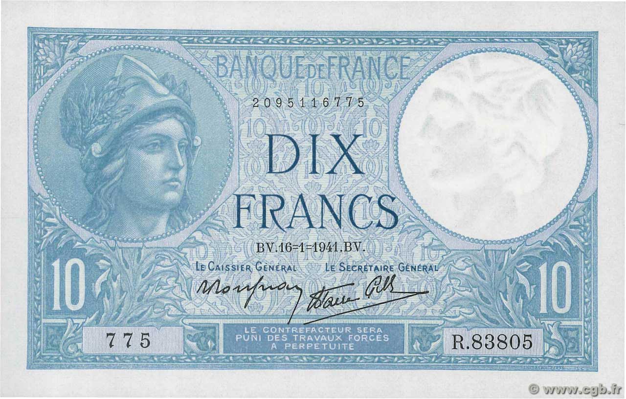 10 Francs MINERVE modifié FRANCE  1941 F.07.28 NEUF