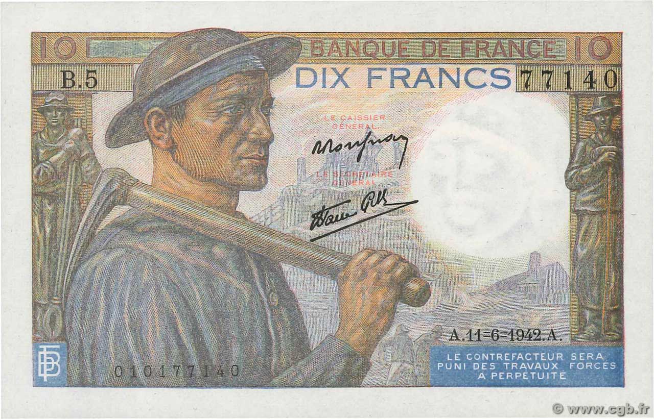 10 Francs MINEUR FRANCIA  1942 F.08.03 FDC