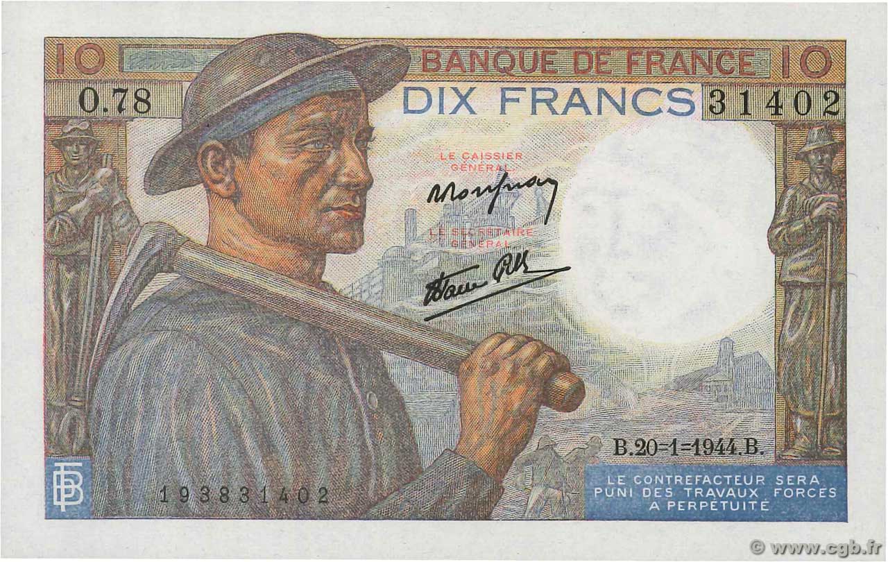 10 Francs MINEUR FRANCE  1944 F.08.11 UNC