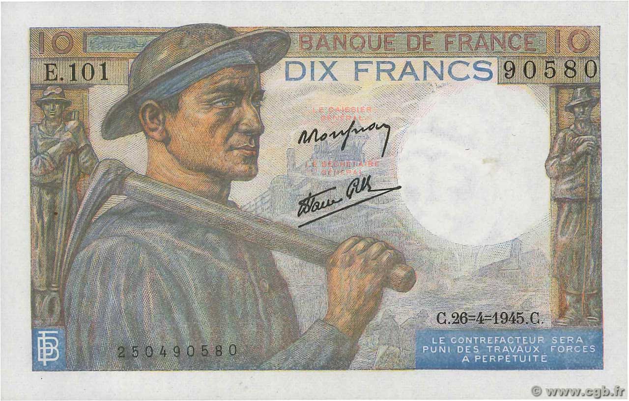 10 Francs MINEUR FRANCE  1945 F.08.14 UNC-