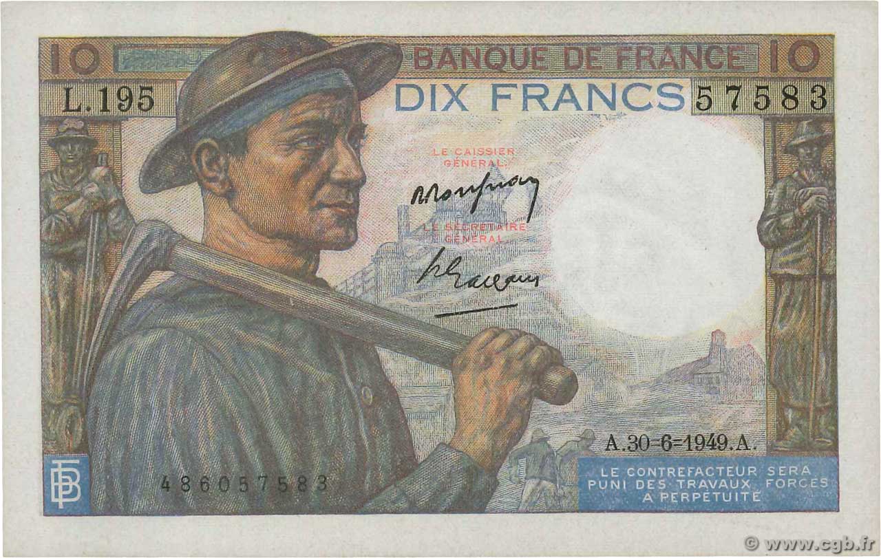 10 Francs MINEUR FRANCIA  1949 F.08.22 q.AU