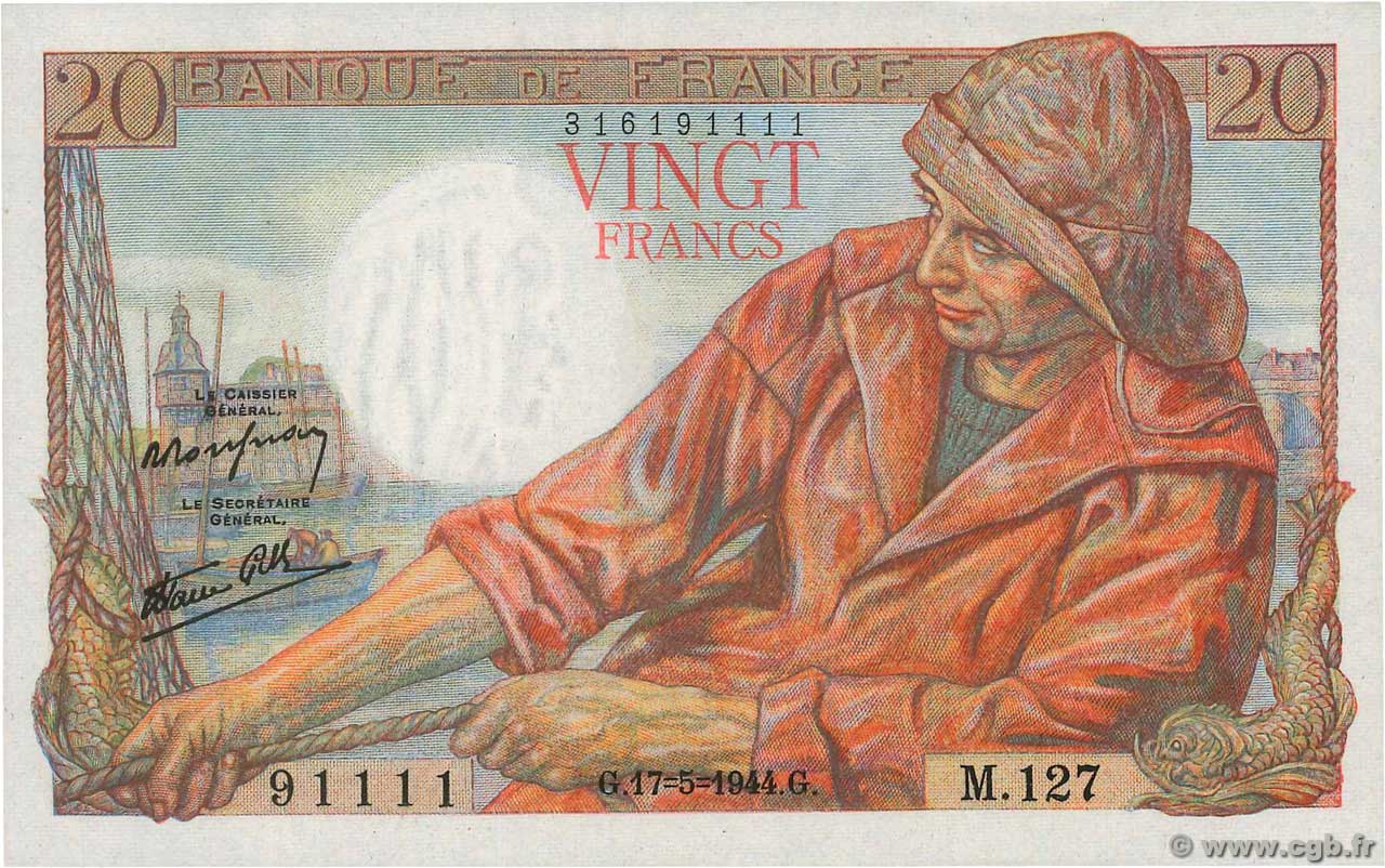 20 Francs PÊCHEUR FRANCIA  1944 F.13.09 FDC