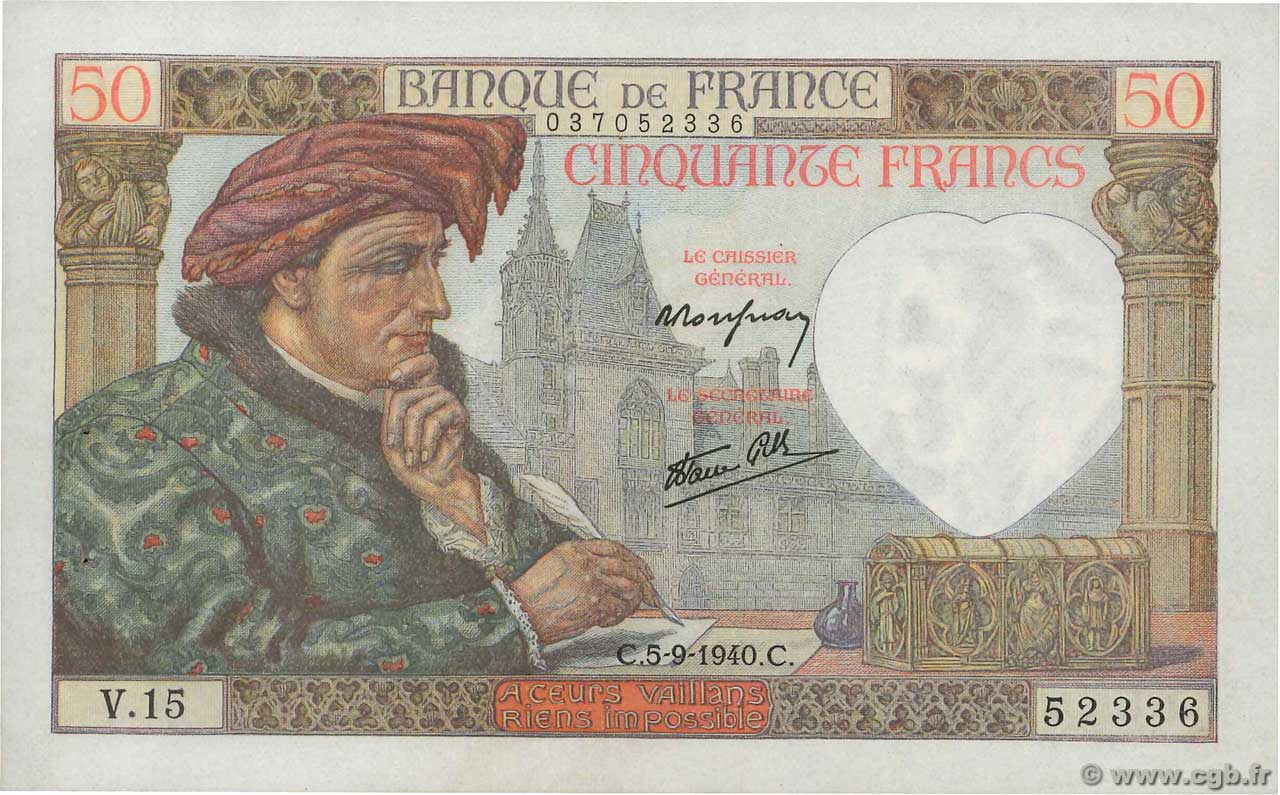 50 Francs JACQUES CŒUR FRANCIA  1940 F.19.02 EBC+