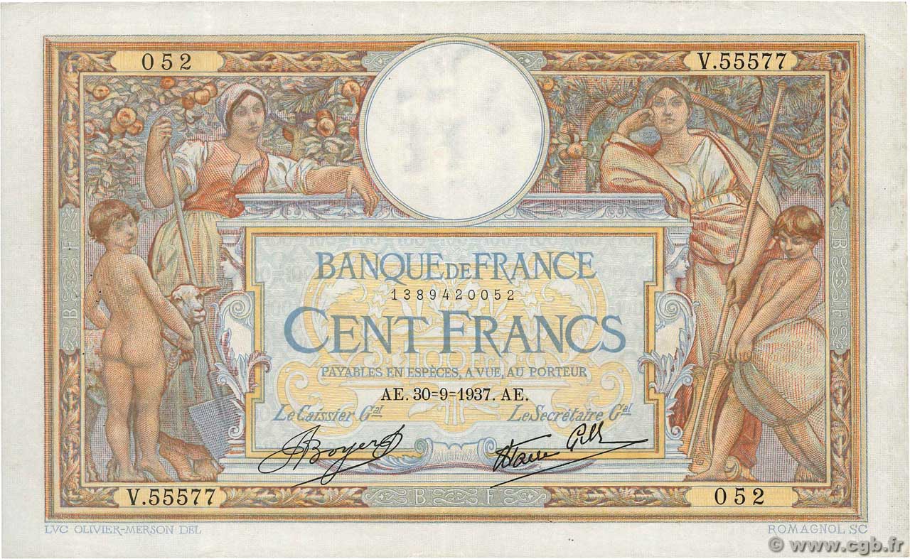 100 Francs LUC OLIVIER MERSON type modifié FRANCIA  1937 F.25.02 BB