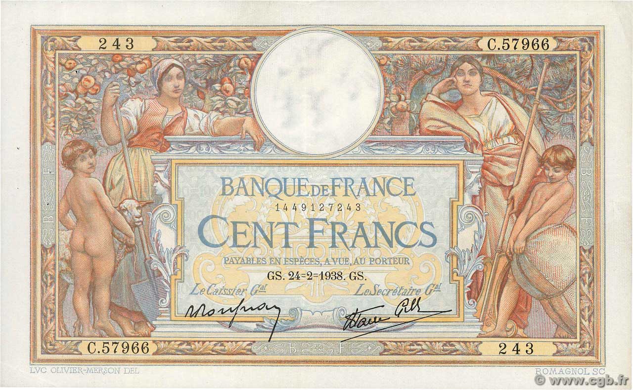 100 Francs LUC OLIVIER MERSON type modifié FRANCE  1938 F.25.12 pr.SUP