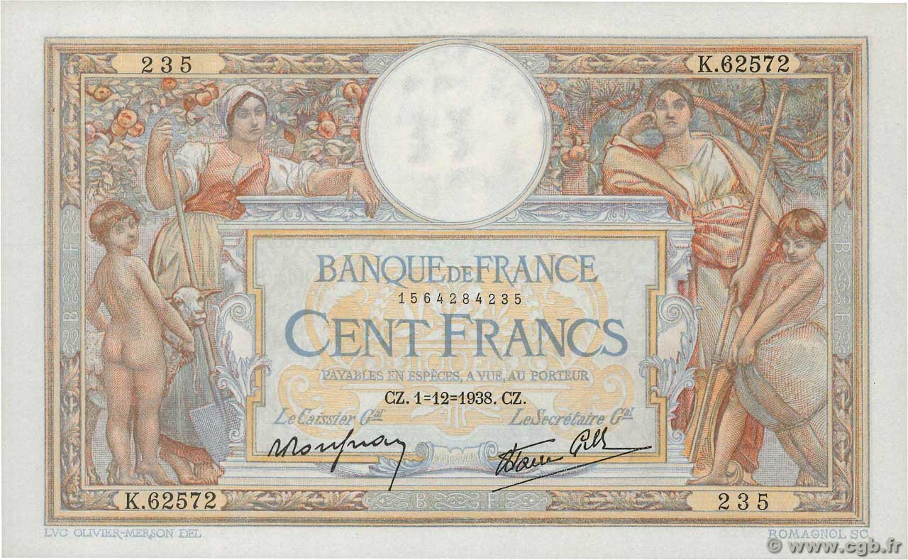 100 Francs LUC OLIVIER MERSON type modifié FRANKREICH  1938 F.25.35 VZ+