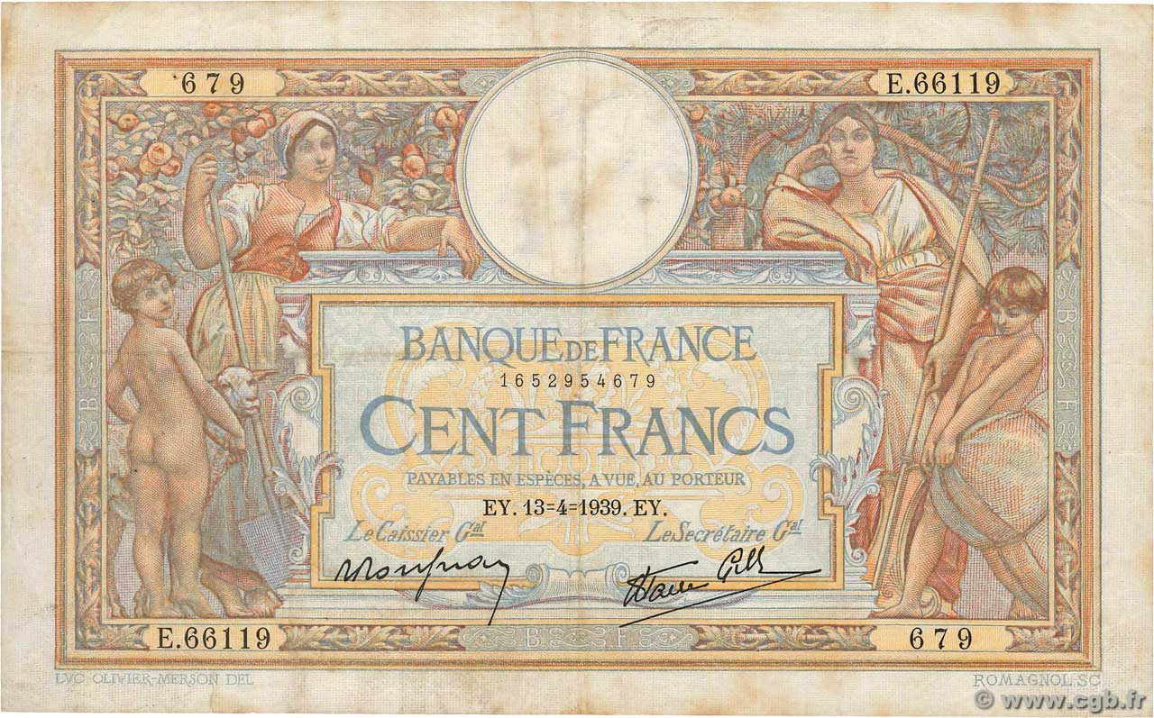 100 Francs LUC OLIVIER MERSON type modifié FRANCIA  1939 F.25.46 BC