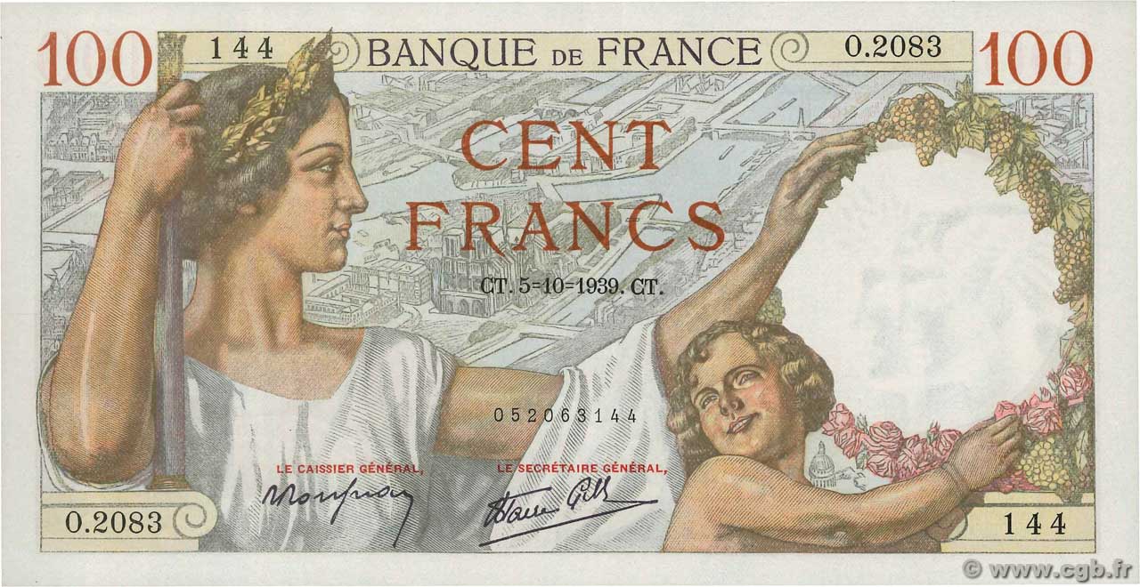 100 Francs SULLY FRANCIA  1939 F.26.09 AU