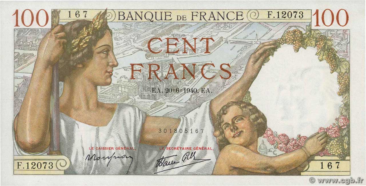 100 Francs SULLY FRANCIA  1940 F.26.32 q.FDC