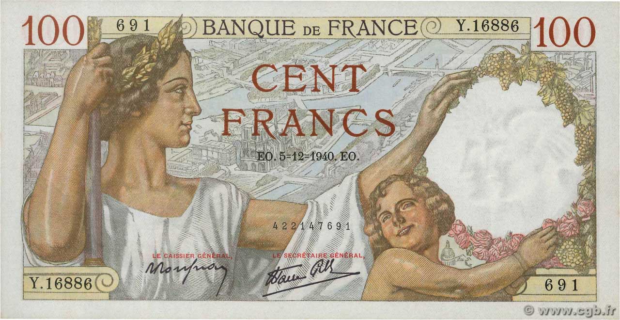 100 Francs SULLY FRANCIA  1940 F.26.42 q.FDC