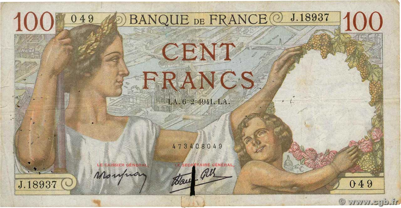 100 Francs SULLY FRANKREICH  1941 F.26.46 SGE