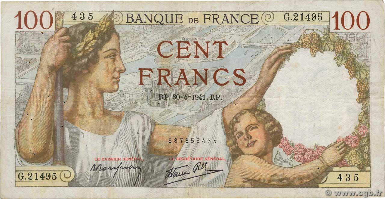 100 Francs SULLY FRANCE  1941 F.26.51 TB