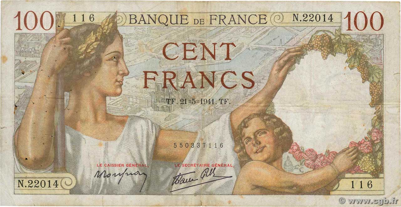 100 Francs SULLY FRANKREICH  1941 F.26.52 S