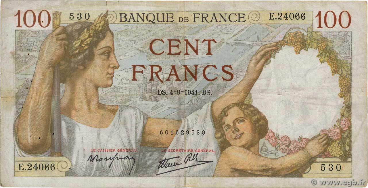 100 Francs SULLY FRANCE  1941 F.26.57 F