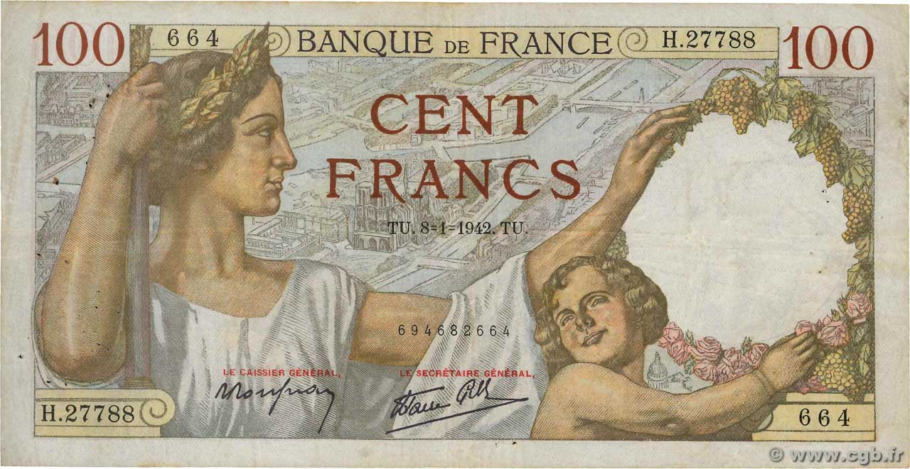 100 Francs SULLY FRANCE  1942 F.26.64 TB