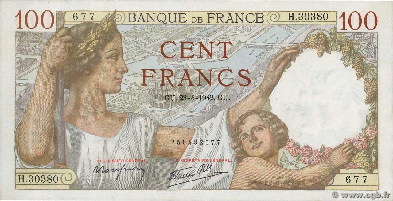 100 Francs SULLY FRANCE  1942 F.26.70 SUP+
