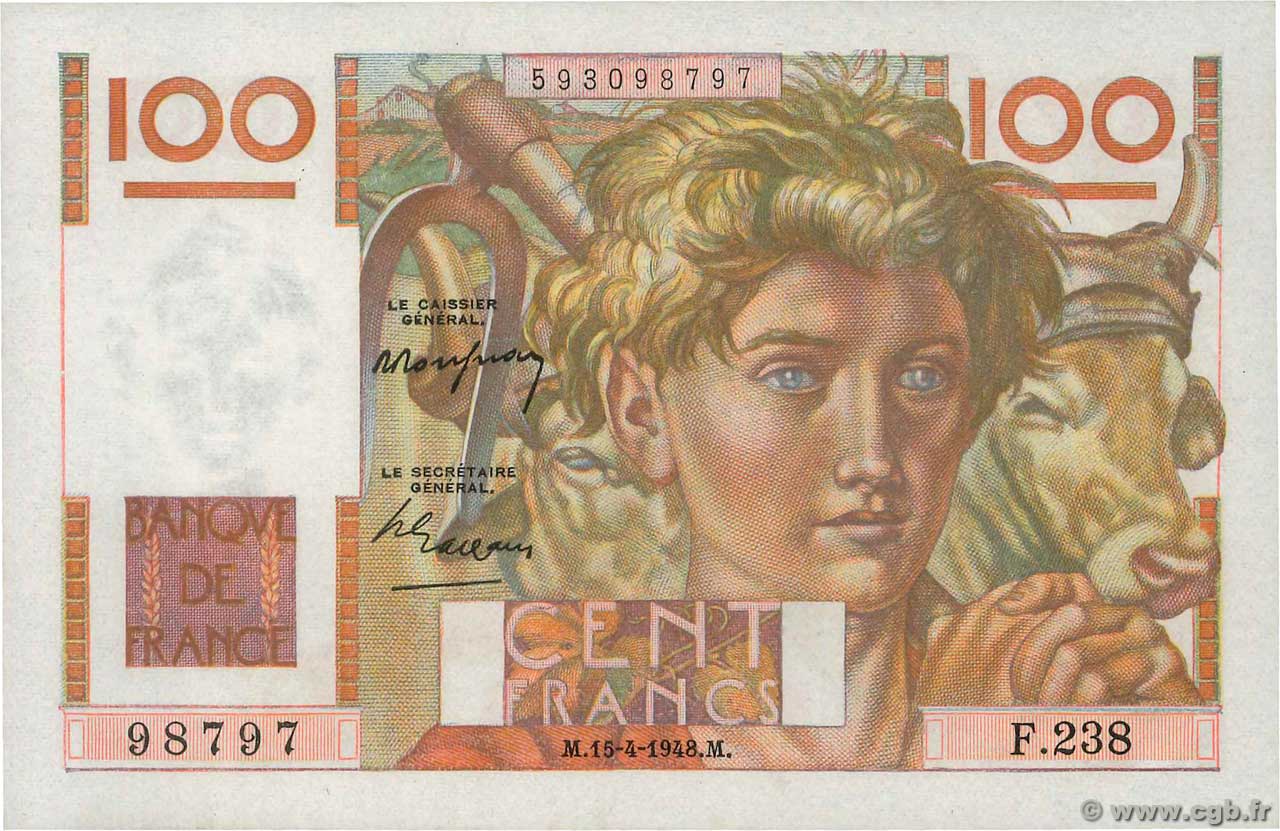 100 Francs JEUNE PAYSAN FRANCIA  1948 F.28.17 SC+