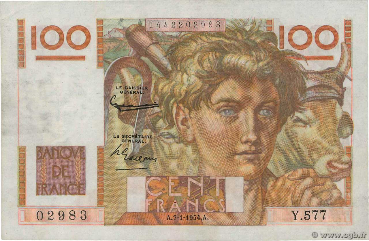 100 Francs JEUNE PAYSAN FRANCIA  1954 F.28.41 MBC+