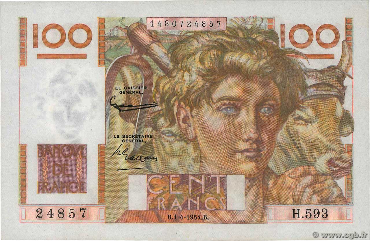 100 Francs JEUNE PAYSAN FRANCIA  1954 F.28.43 SC+
