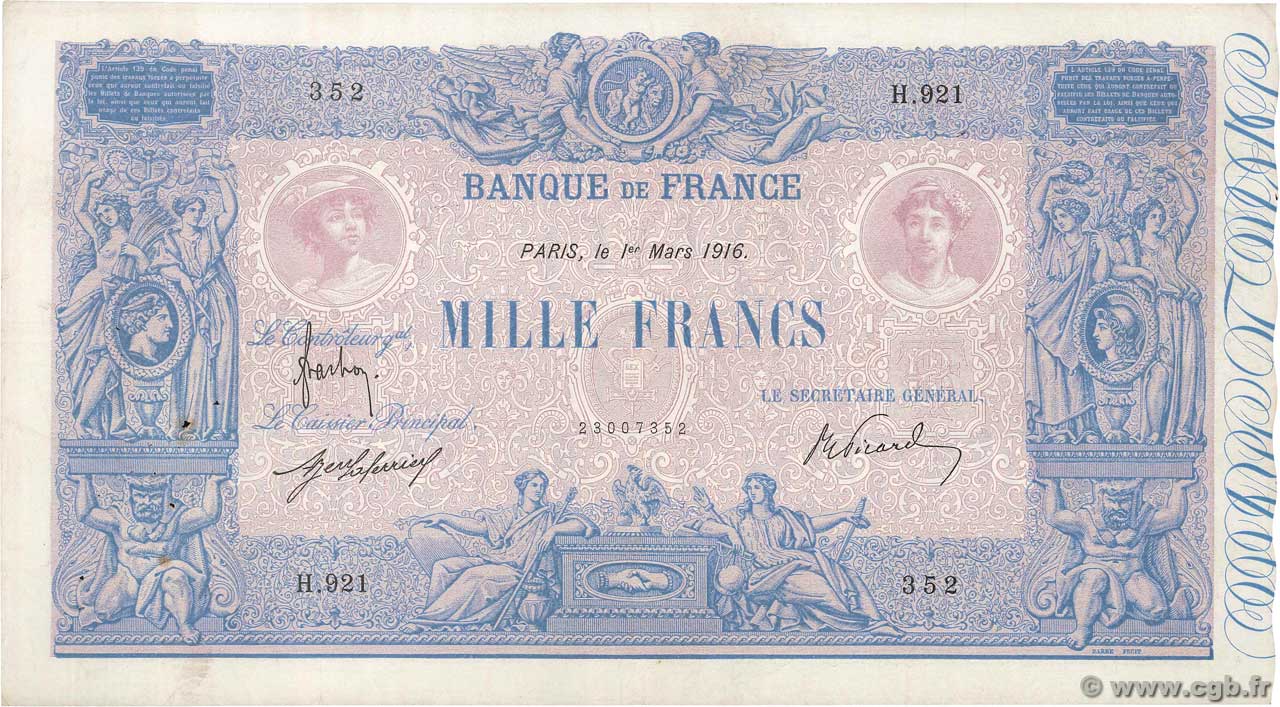 1000 Francs BLEU ET ROSE FRANCE  1916 F.36.30 F+