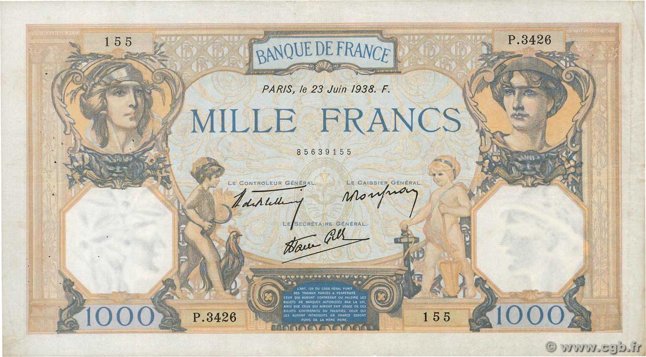 1000 Francs CÉRÈS ET MERCURE type modifié FRANCE  1938 F.38.20 VF
