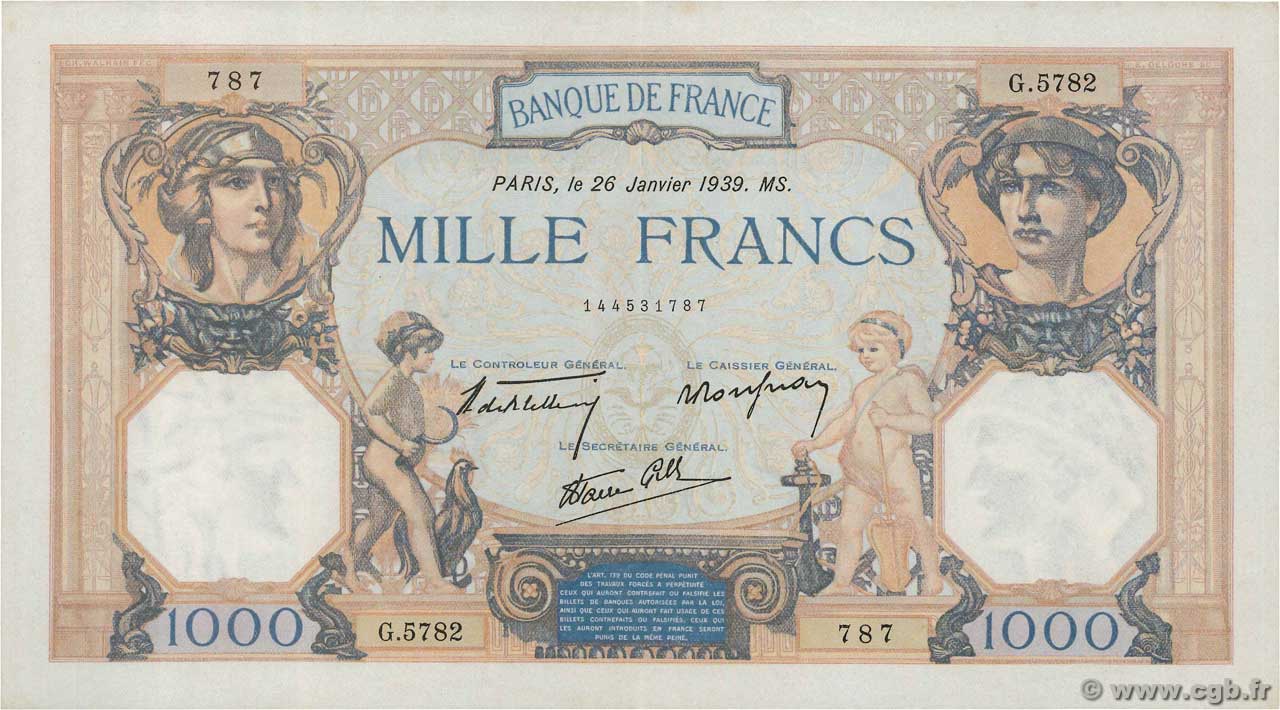 1000 Francs CÉRÈS ET MERCURE type modifié FRANCIA  1939 F.38.33 SPL+