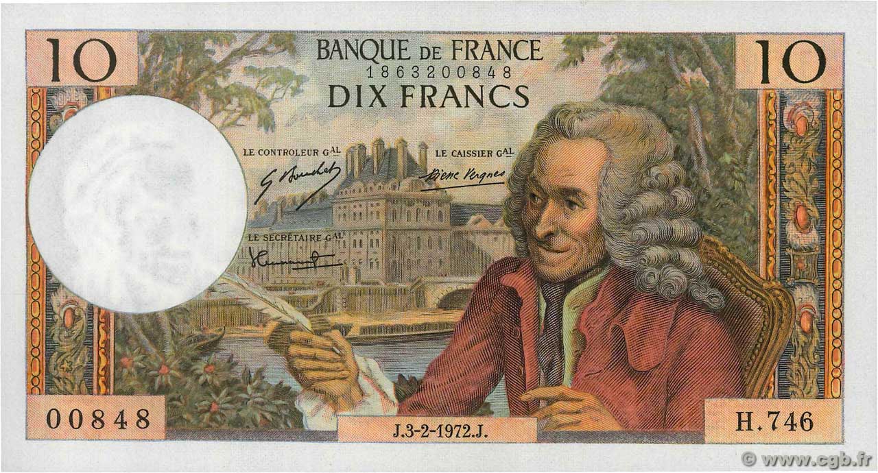 10 Francs VOLTAIRE FRANKREICH  1972 F.62.54 fST+