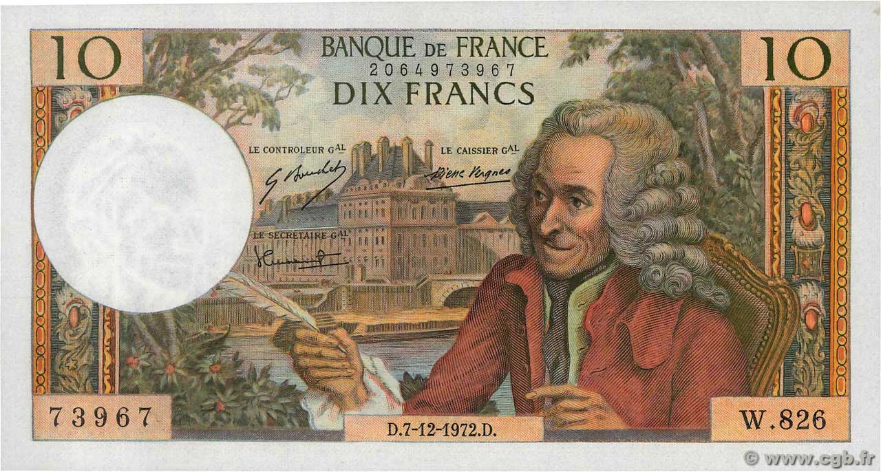 10 Francs VOLTAIRE FRANCIA  1972 F.62.59 FDC