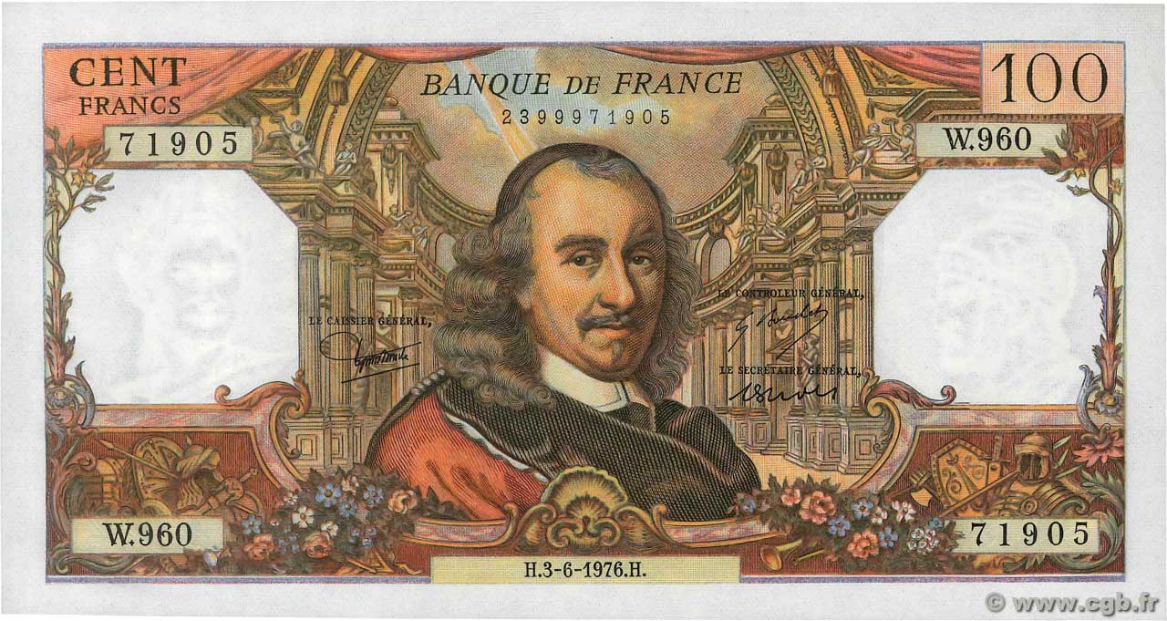 100 Francs CORNEILLE FRANCE  1976 F.65.53 AU+