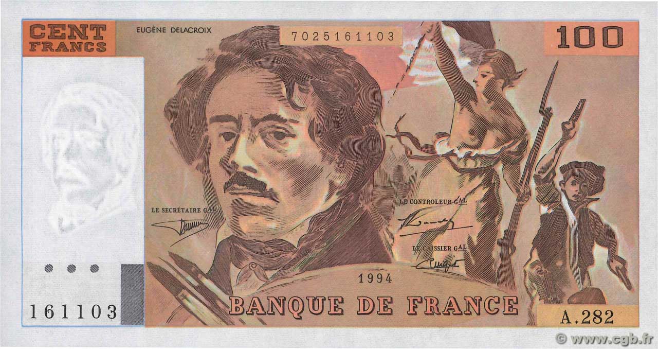 100 Francs DELACROIX 442-1 & 442-2 FRANKREICH  1994 F.69ter.01c ST