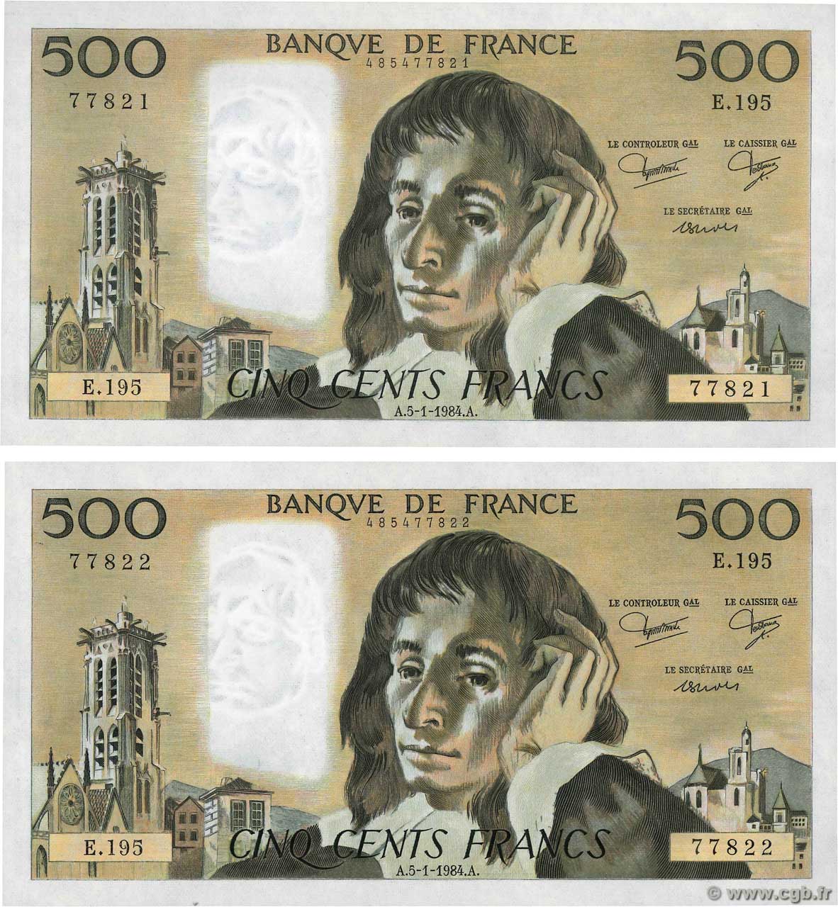 500 Francs PASCAL Consécutifs FRANCIA  1984 F.71.30 q.FDC