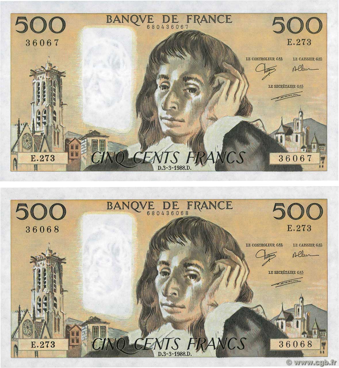 500 Francs PASCAL Consécutifs FRANCE  1988 F.71.38 UNC-