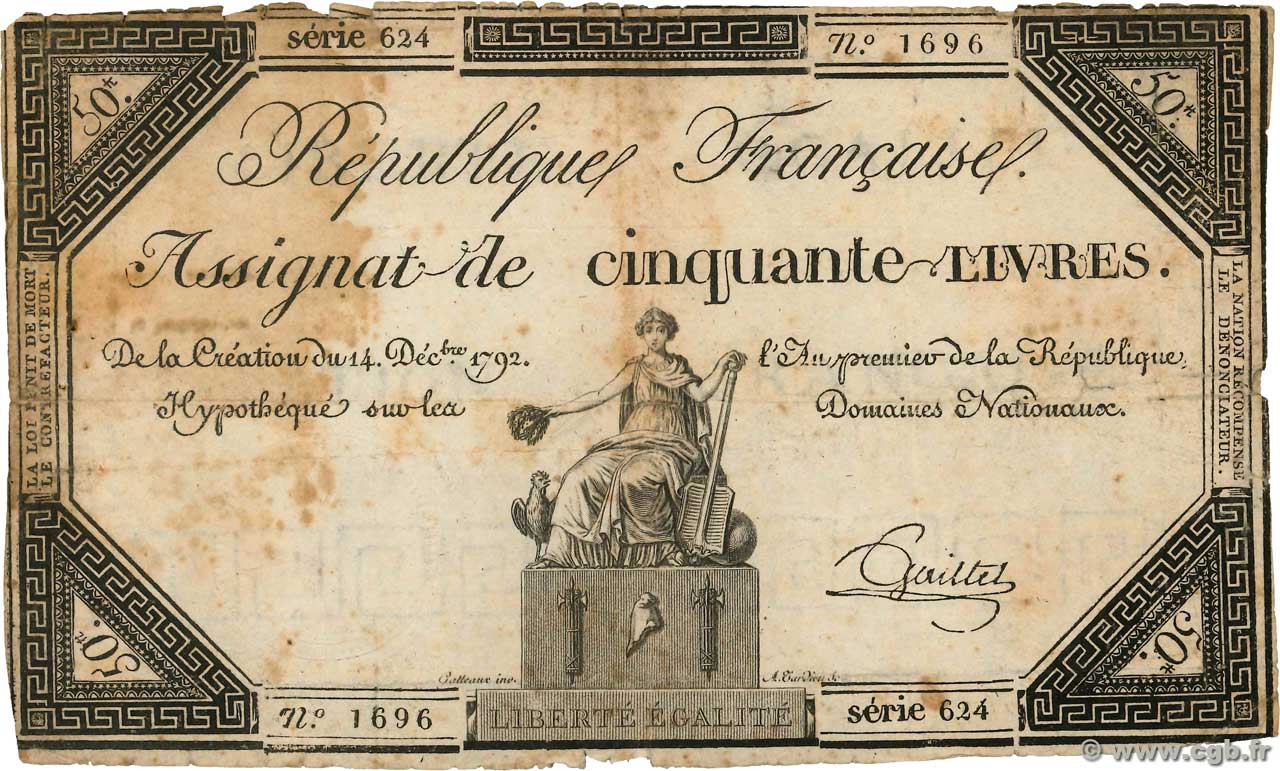 50 Livres FRANCE  1792 Ass.39a VG
