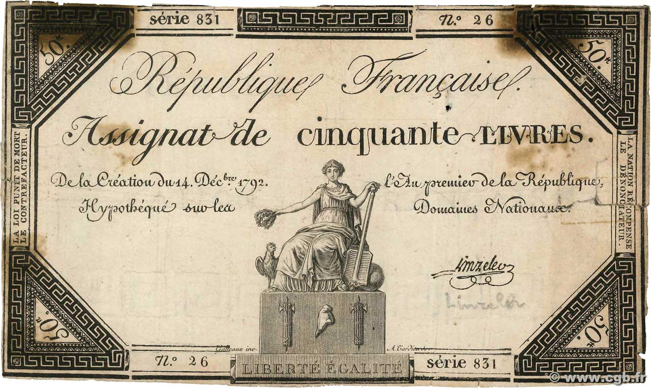 50 Livres FRANCIA  1792 Ass.39a q.MB