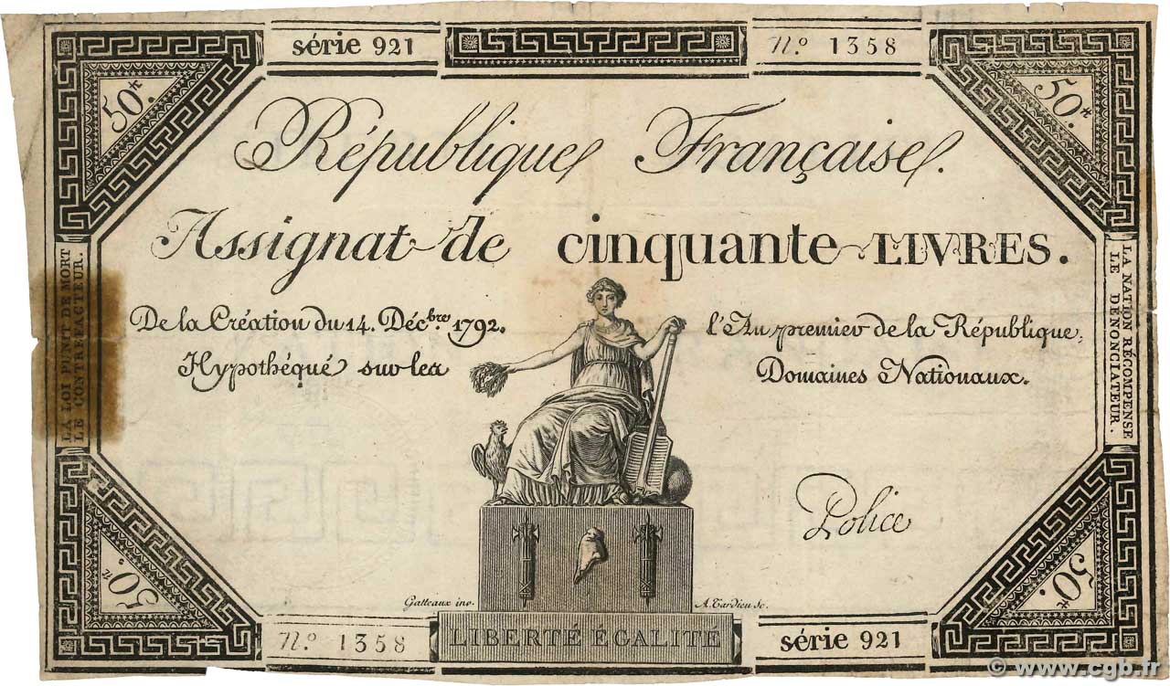 50 Livres FRANCE  1792 Ass.39a VF-