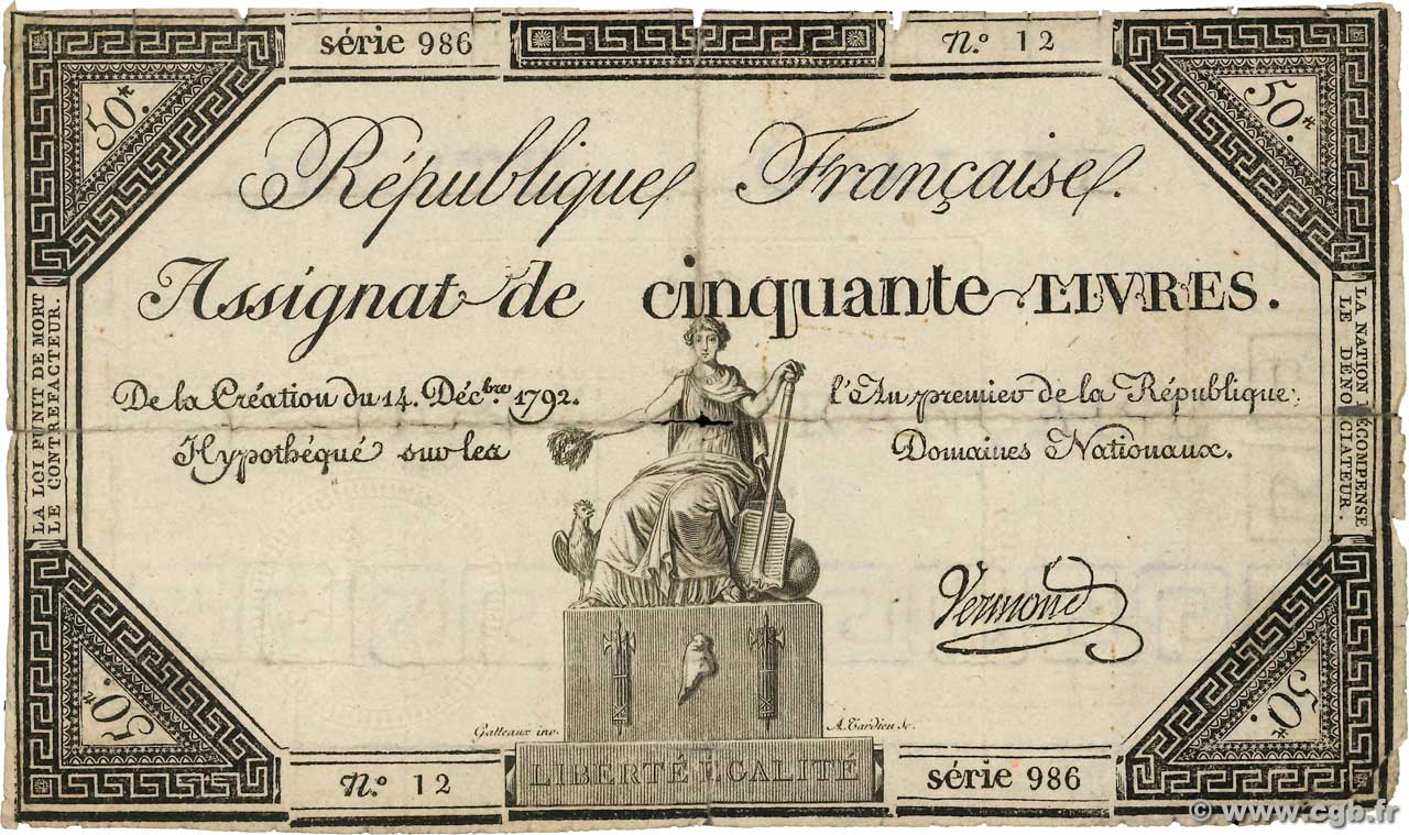 50 Livres FRANKREICH  1792 Ass.39a S